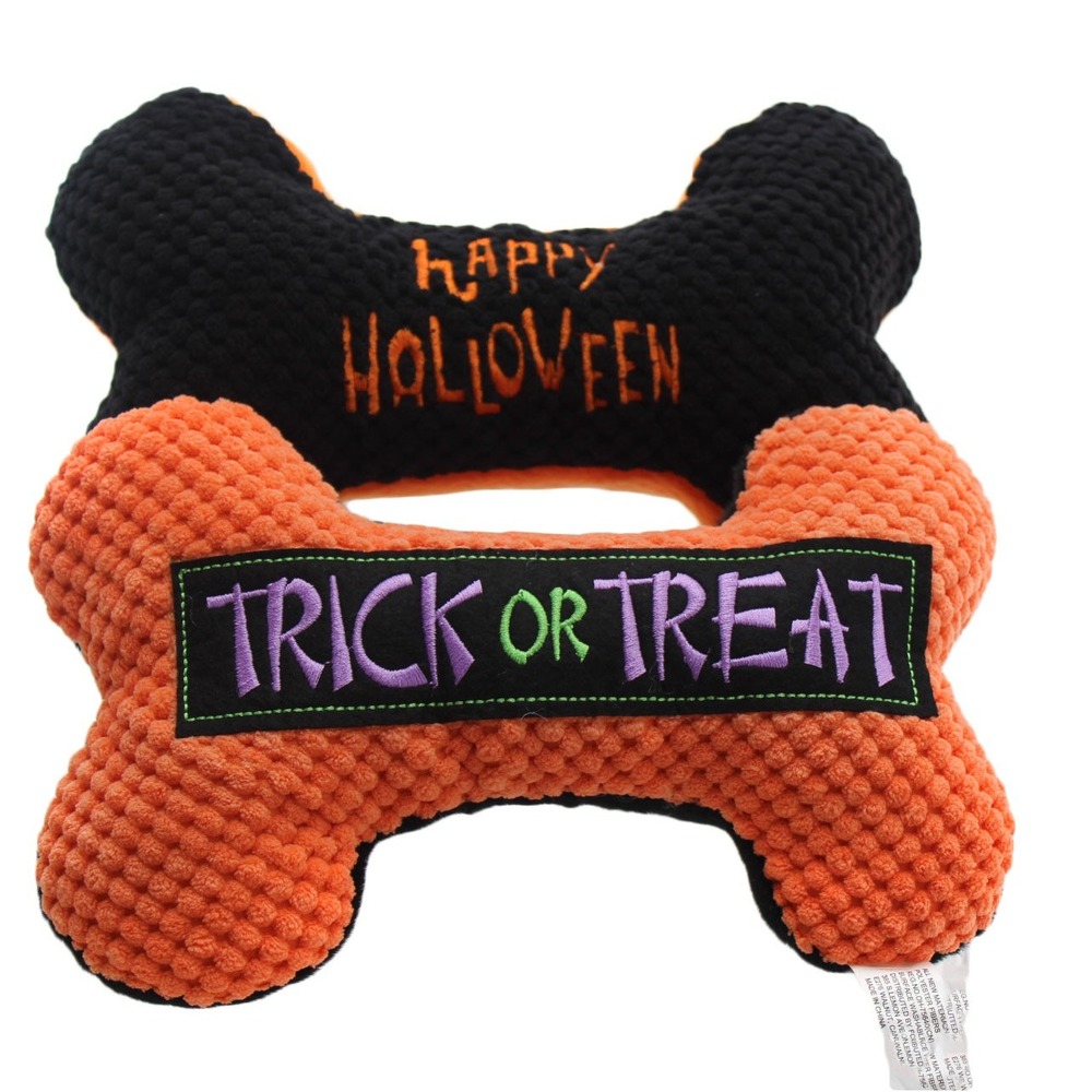 Halloween Plush Dog Toy Set 2 Pack Squeaky Bone Trick or Treat Happy Halloween